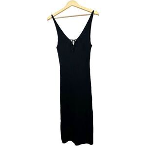 LoveStitch Ribbed Thick Knit Tie Cage Front Tank Midi Dress in Black M